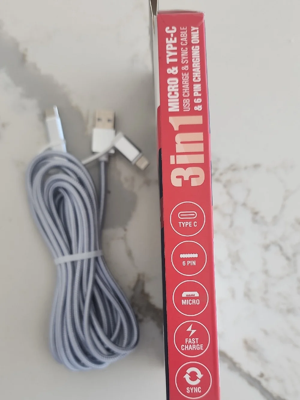3-in-1 Silver USB to Micro/Type-C/Lightning Fast Charge Cable - 10ft